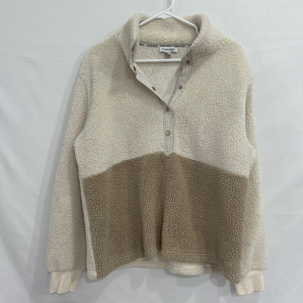 Calvin Klein Womens Sherpa Fleece Pullover Mock Neck Colorblock Tan Cream M